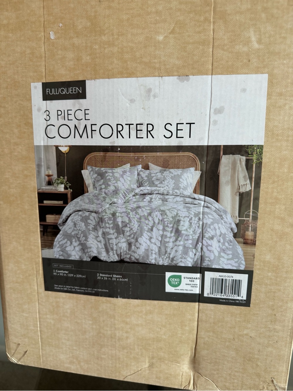 Amazon Essentials Gray Floral Comforter Set with White Leaf Pattern